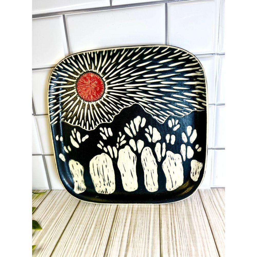 Sgraffito Style Ceramic Platter Hand Carved RED/BLACK SUNSET artist signed